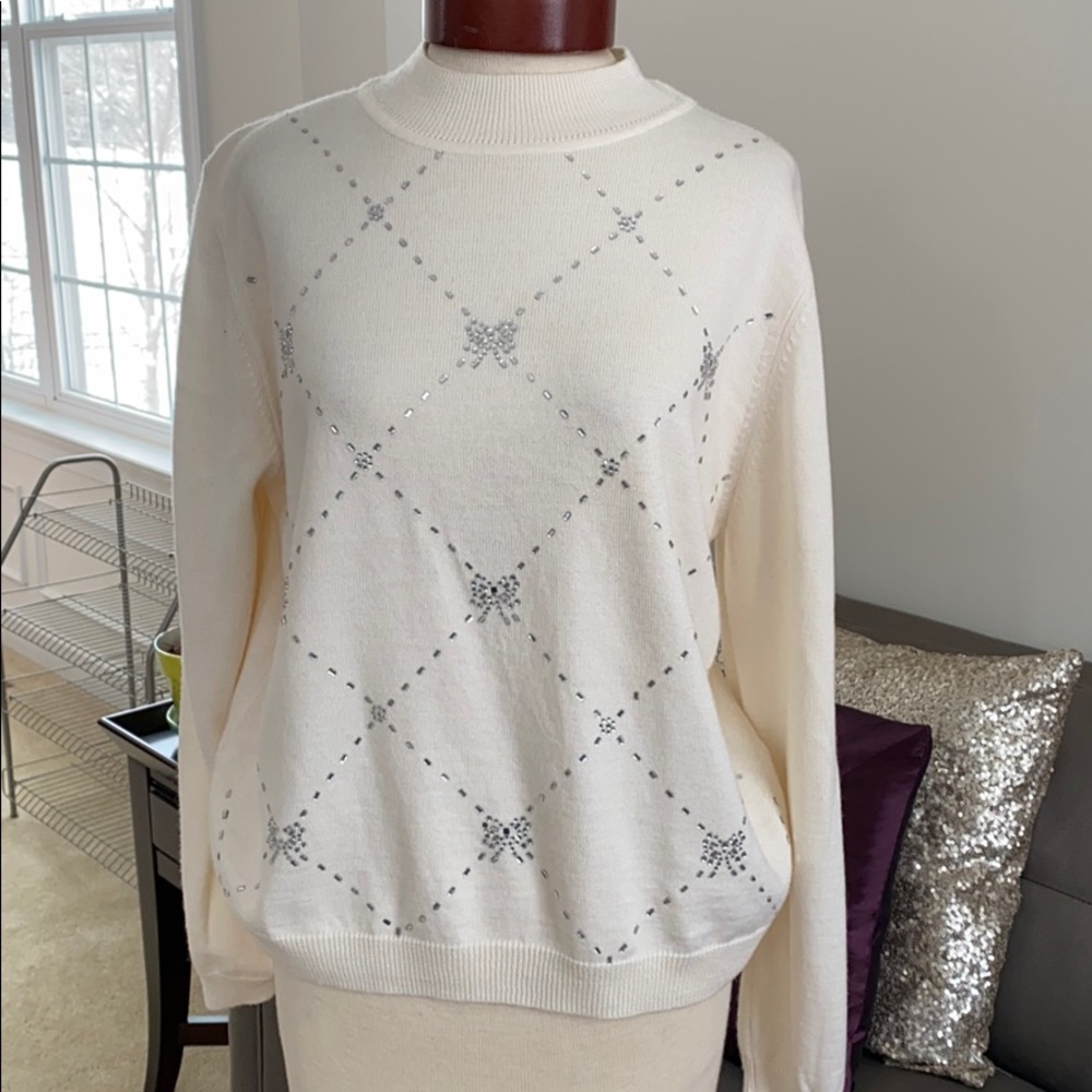 Exquisite bejeweled wool blend mock neck sweater